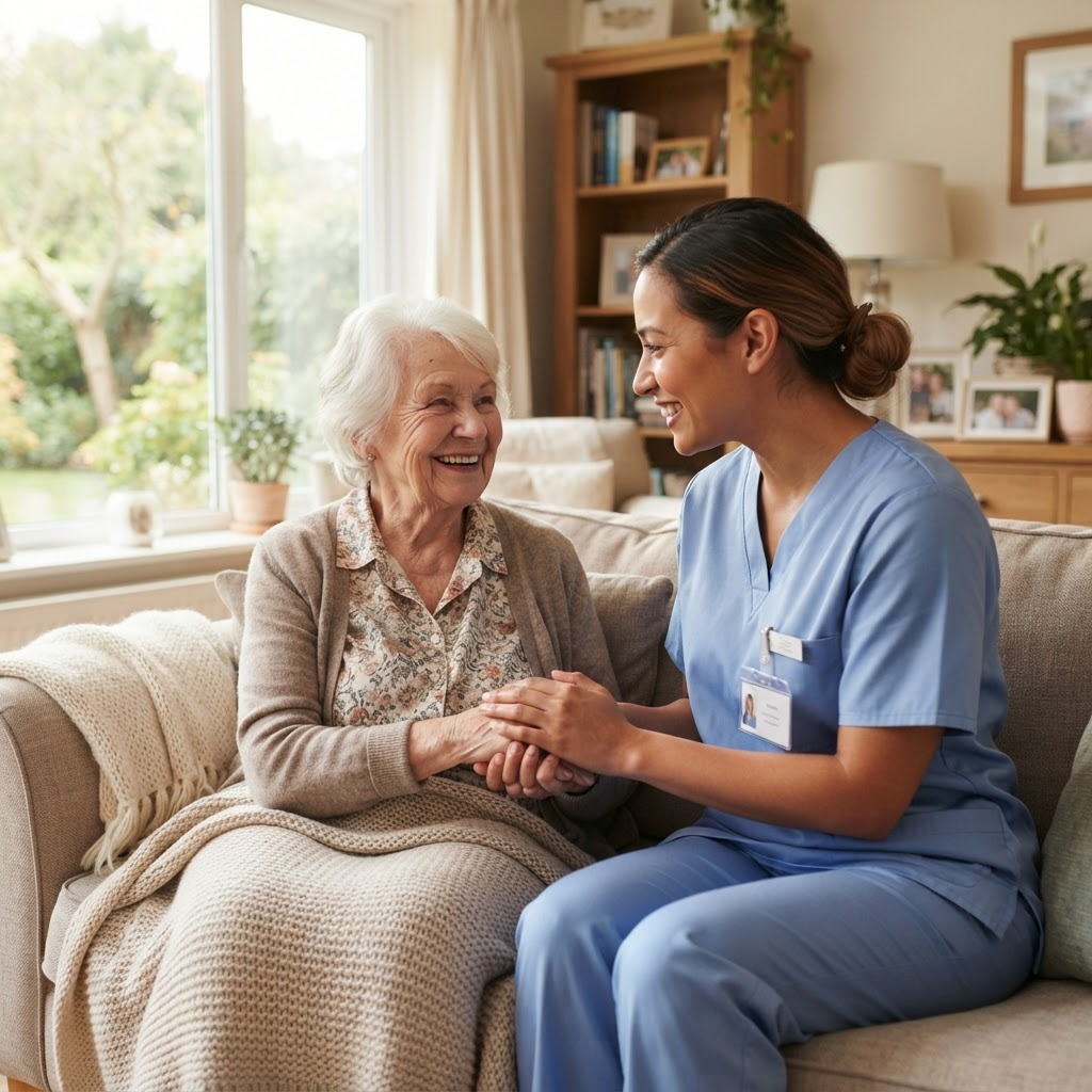 A compassionate caregiver assisting a smiling elderly woman at home